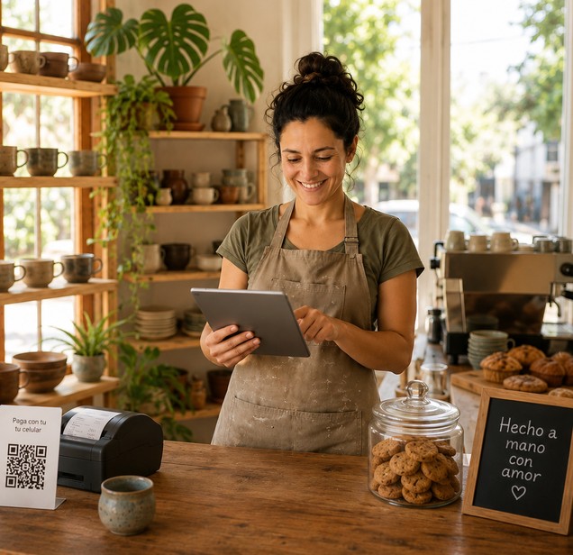 Emprendedora usando una tablet en la barra de su cafetería