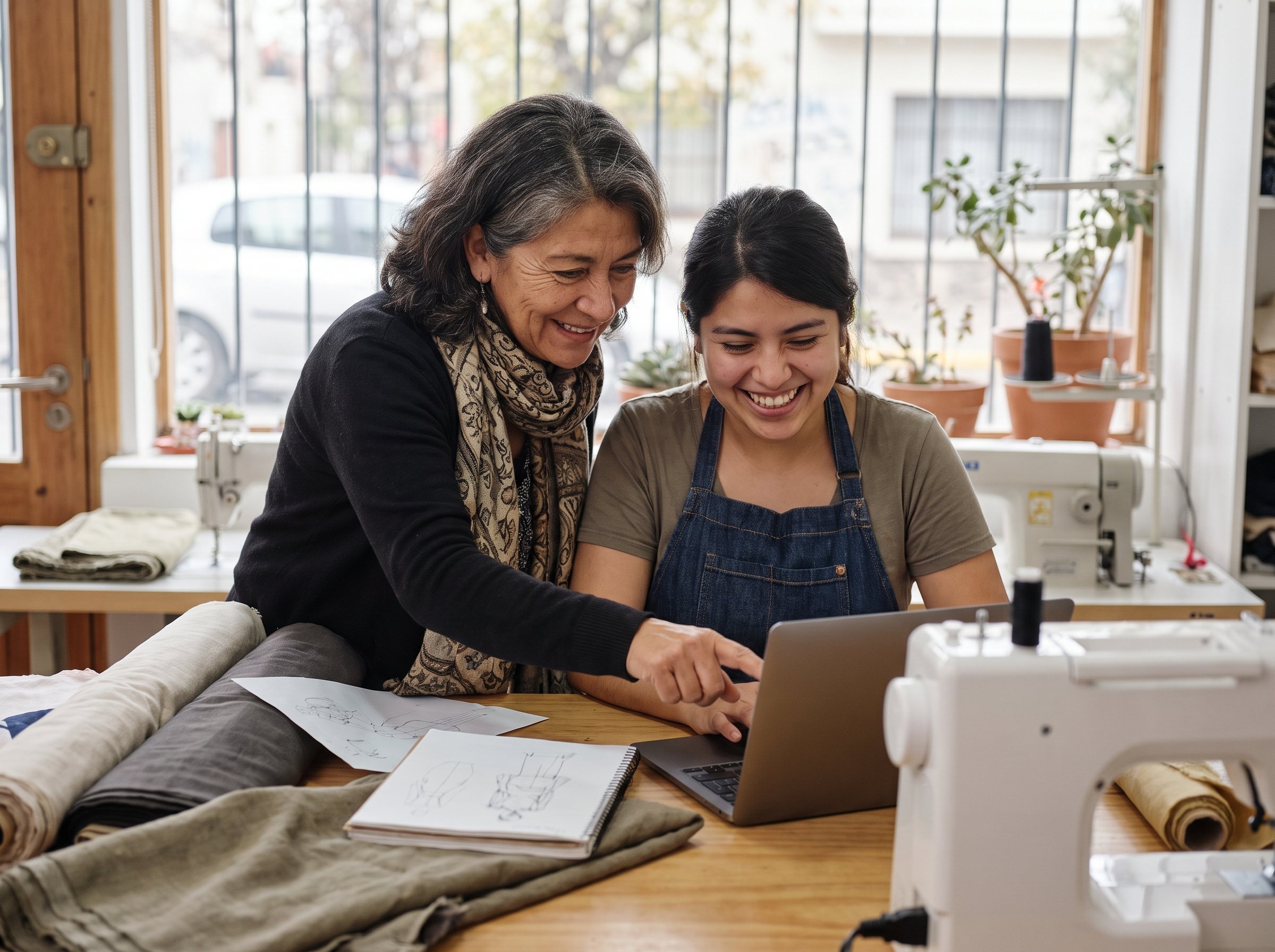 Emprendedora en su local revisando la gestión de su equipo